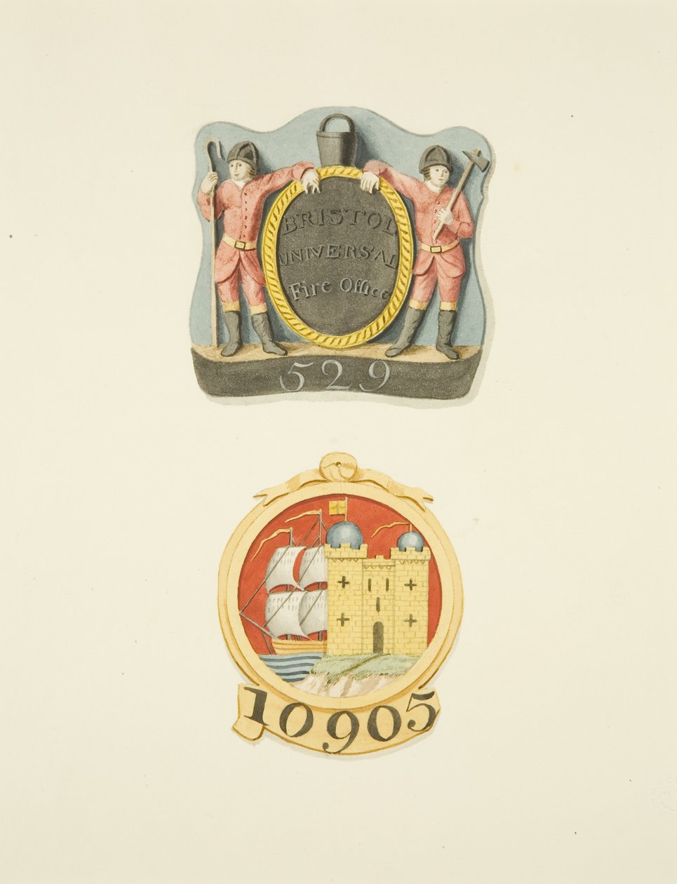 Huisbadges of brandmerken van de Bristol Universal en Bristol Fire Offices door Joseph Manning