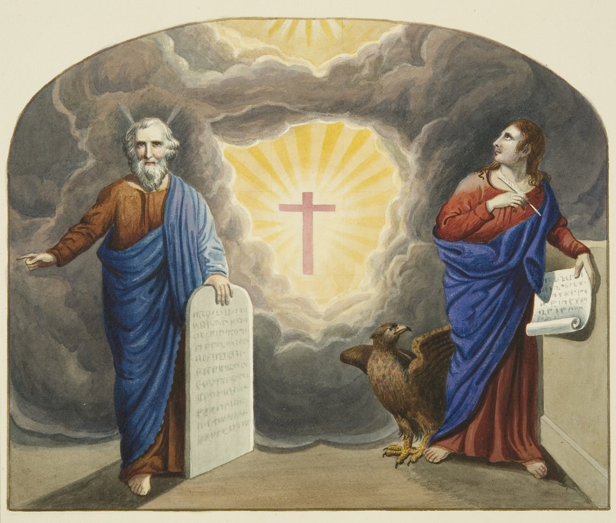 Gebrandschilderd raam boven het altaar van Christ Church, met Mozes en St. Johannes de Evangelist door Joseph Manning