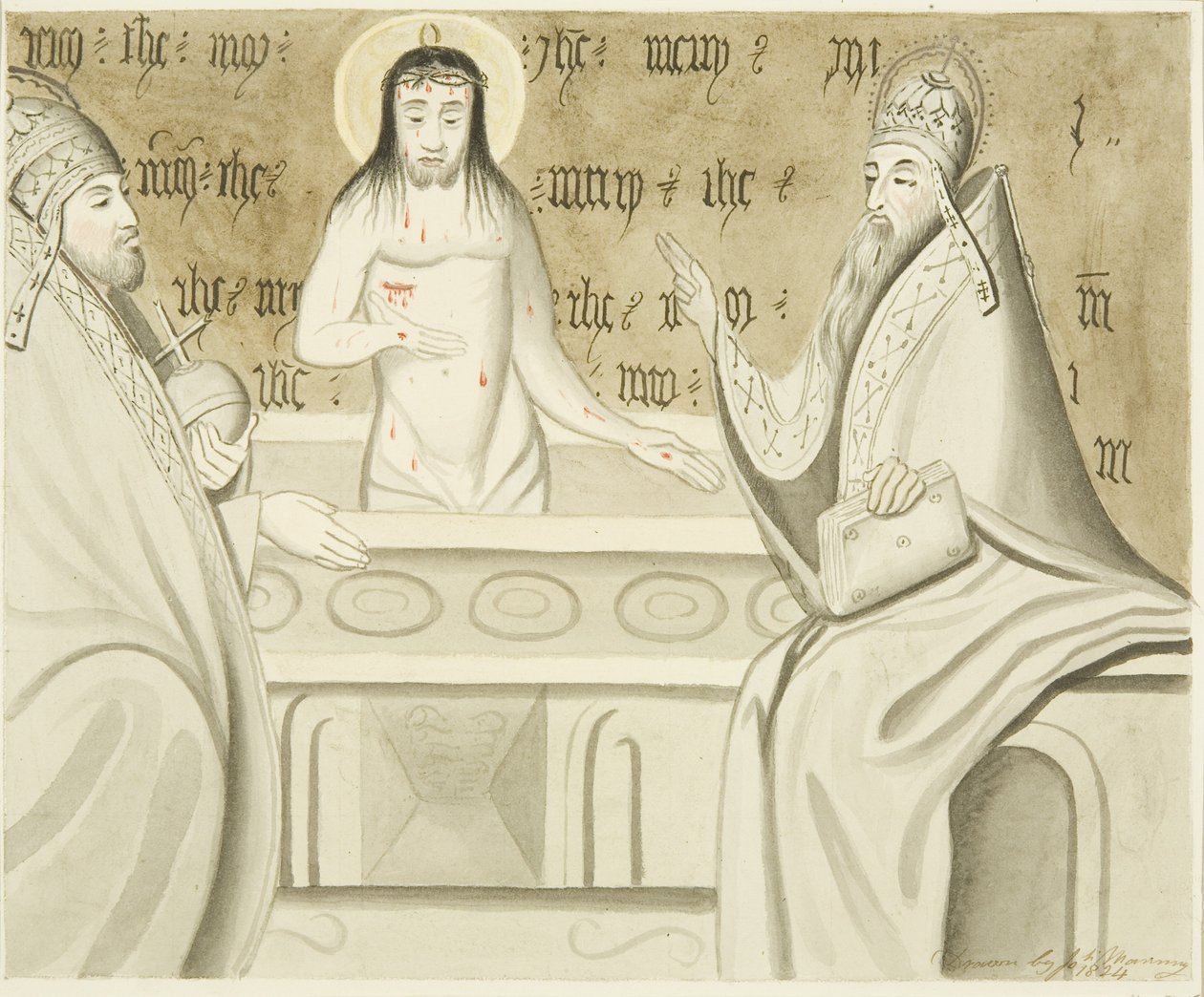Schilderij in steen gevonden in een biechtstoel in het noordelijke zijschip van St. Mark