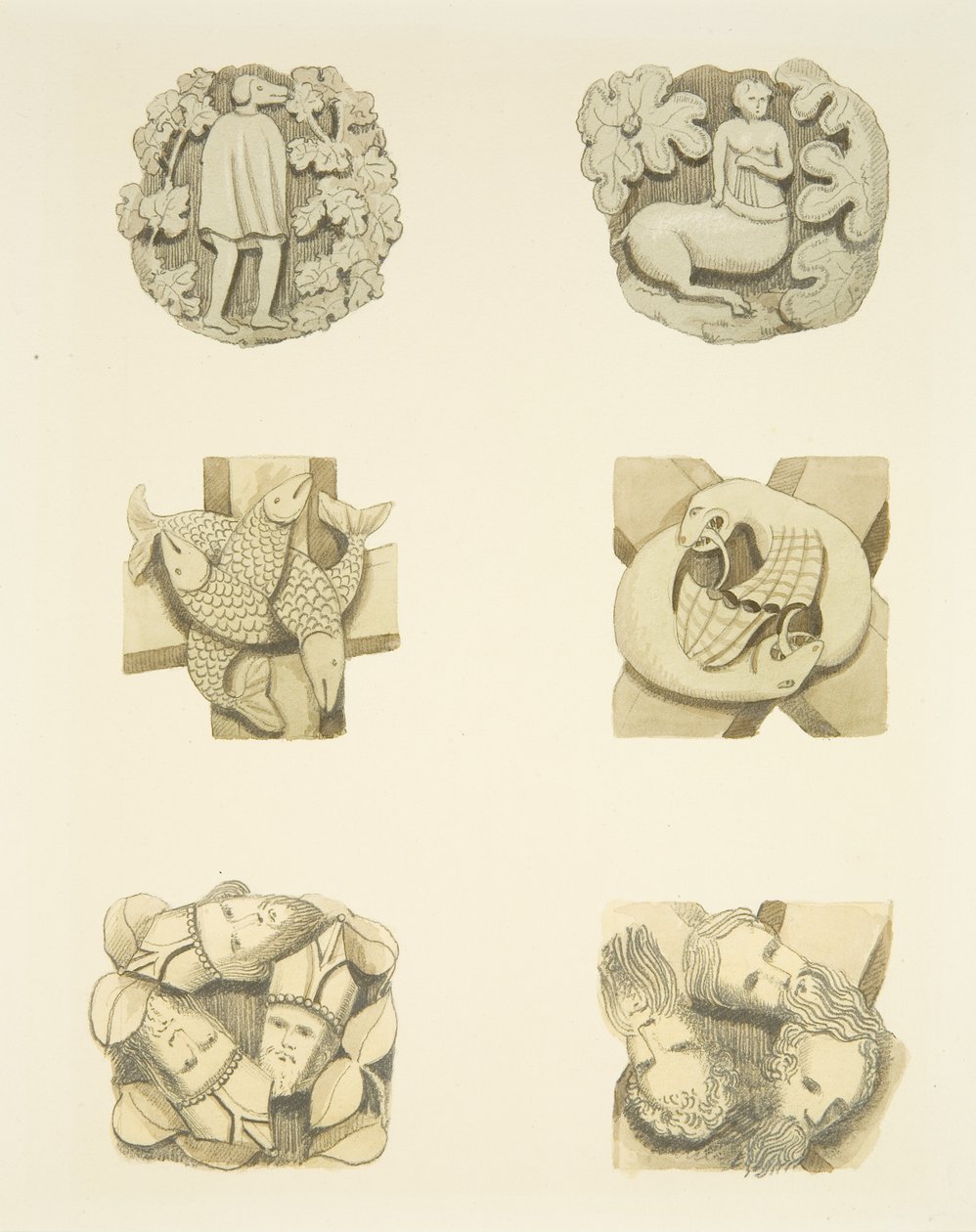 Zes gewelfstenen in het plafond bij het betreden van de noorddeur van de kathedraal van Bristol door Joseph Manning