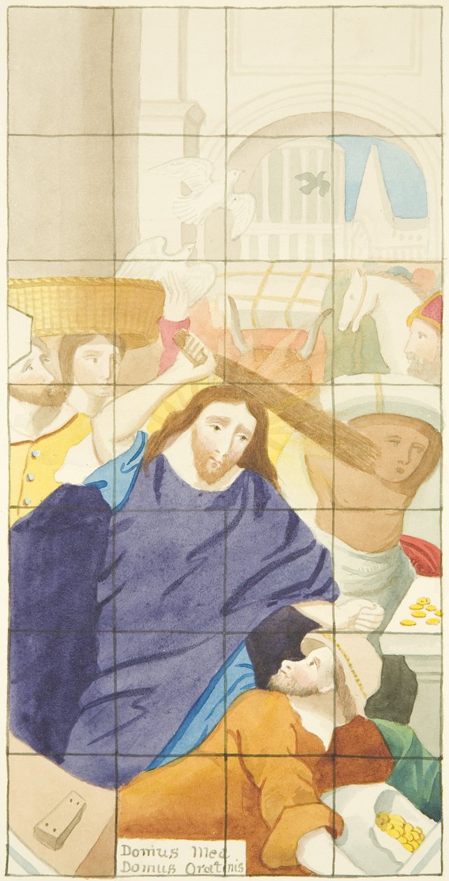 Glas-in-loodraam aan het oostelijke uiteinde van de zuidelijke zijbeuk van de kathedraal van Bristol met kopers en verkopers in de tempel door Joseph Manning