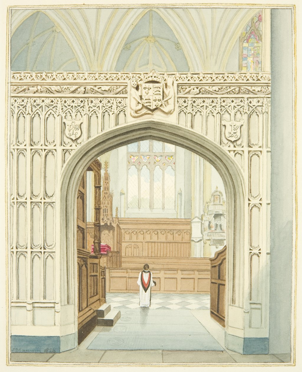 Het koor vanuit het zuidelijke gangpad van de kathedraal van Bristol door Joseph Manning