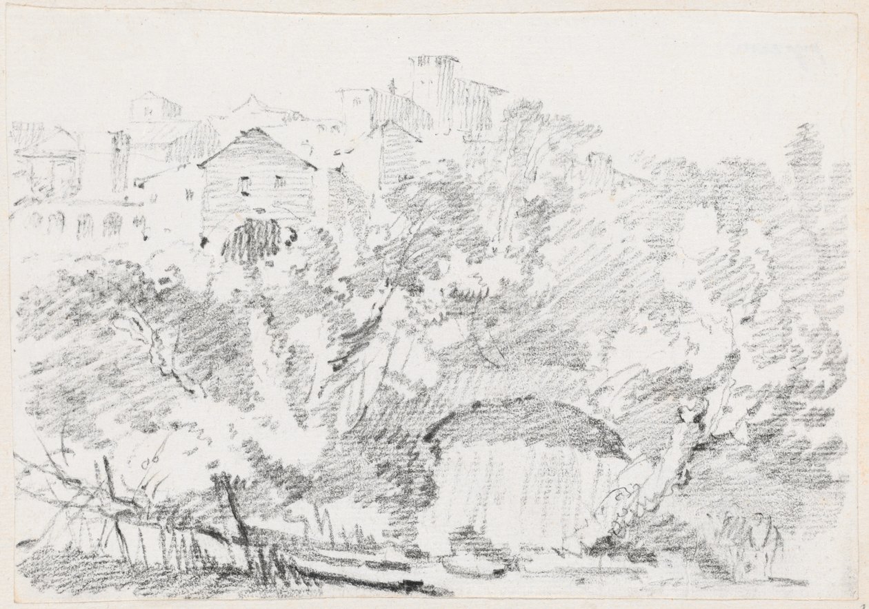 Waterval bij een Heuvelstad in Italië door Joseph Marie Vien