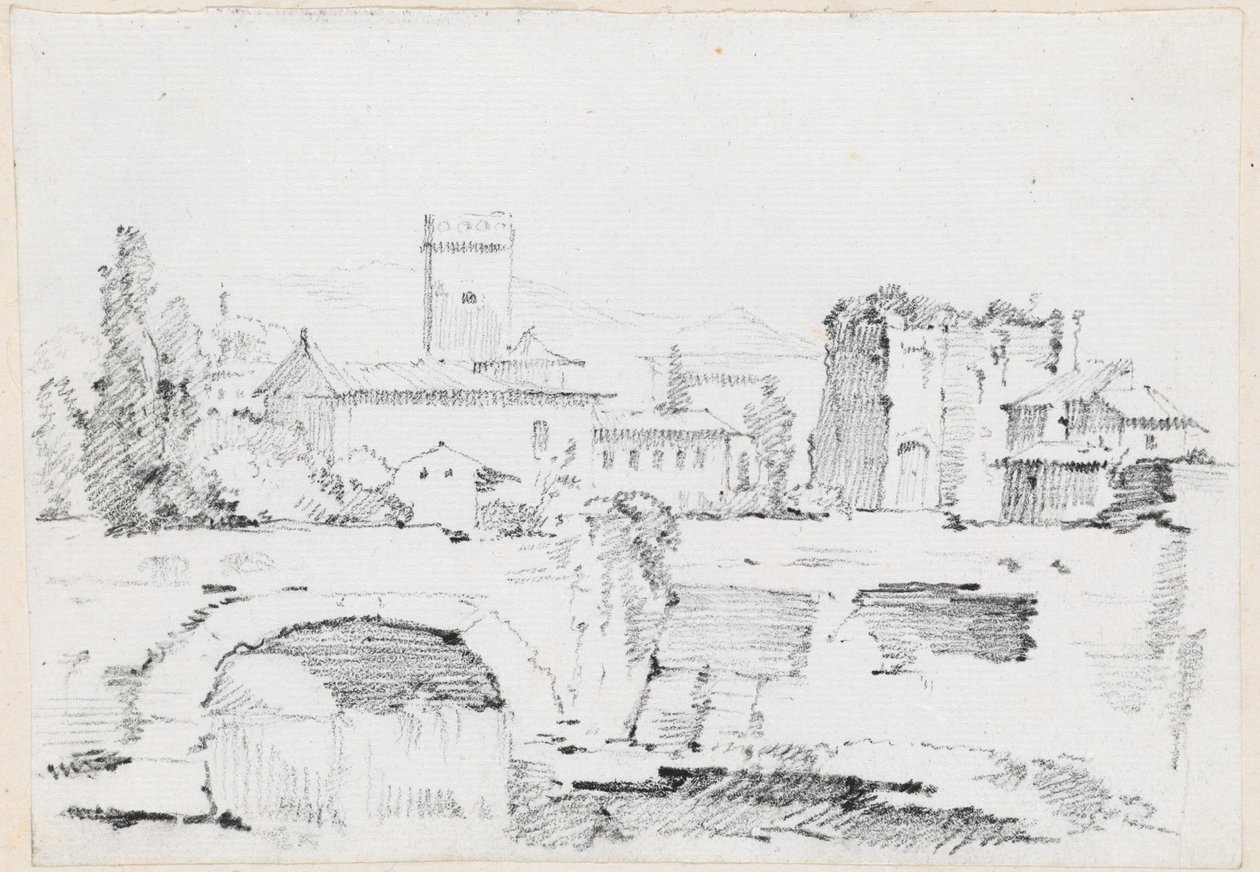 Een Italiaanse stad met een stenen brug en een waterval door Joseph Marie Vien