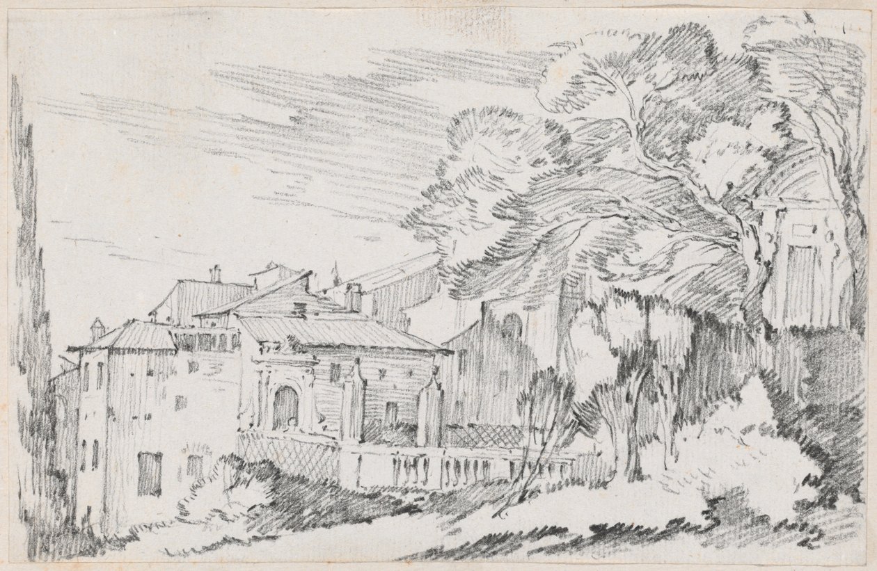 Huizen en een tuin op een heuvel in Italië door Joseph Marie Vien