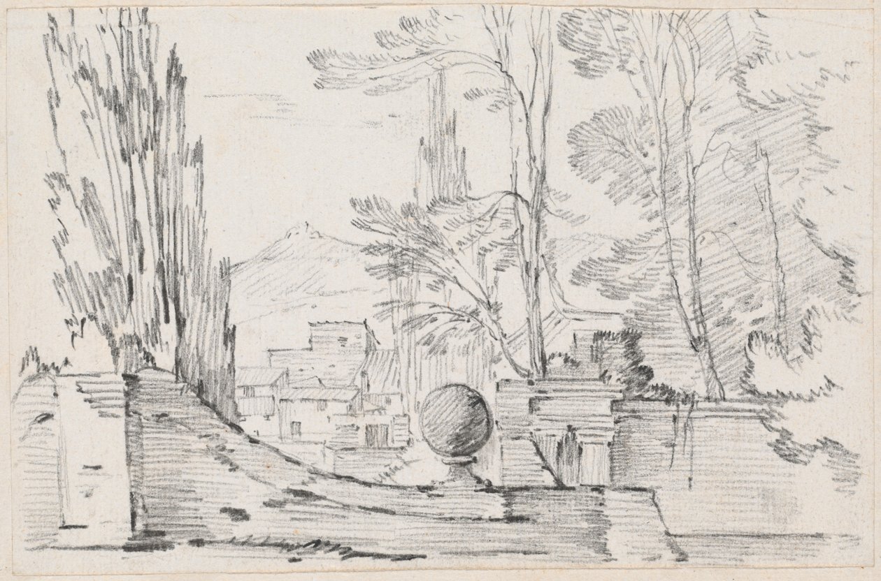 Uitzicht over de muur van een Italiaanse tuin door Joseph Marie Vien