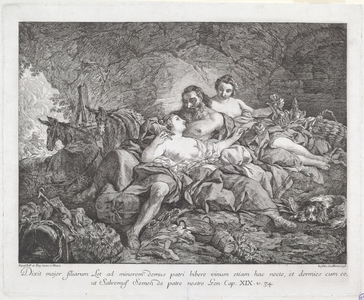 Lot en zijn dochters door Joseph Marie Vien after Jean François de Troy