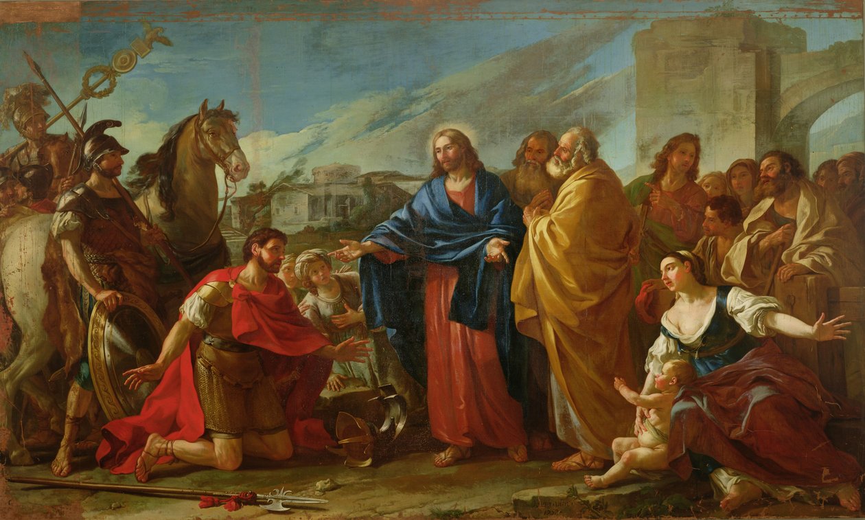 De centurio knielt aan de voeten van Christus of, Jezus geneest de zoon van een officier, 1752 door Joseph Marie, the Elder Vien