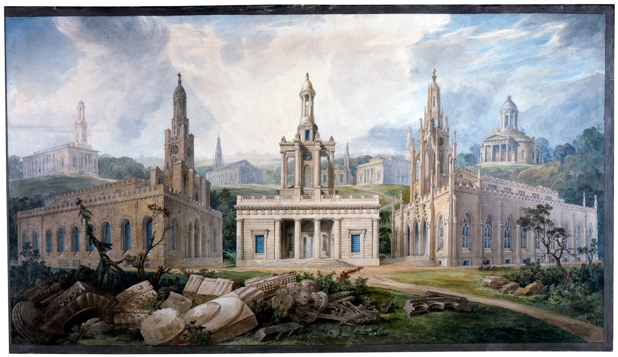 Een groep kerken, ontworpen door Sir J. Soane om verschillende stijlen van architectuur te illustreren door Joseph Michael Gandy