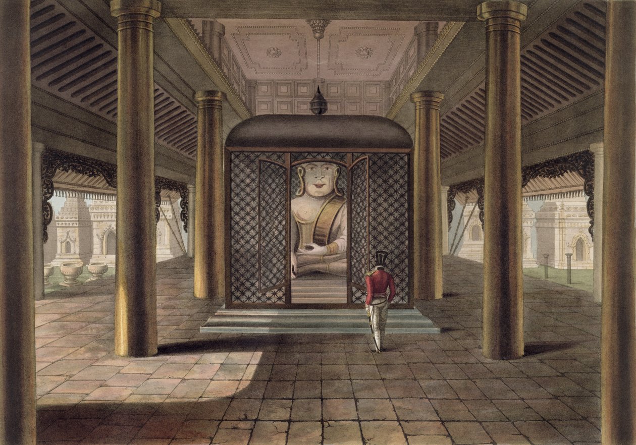 Een soldaat staand in een tempel in Rangoon, gegraveerd door George Hunt, 1825 door Joseph Moore