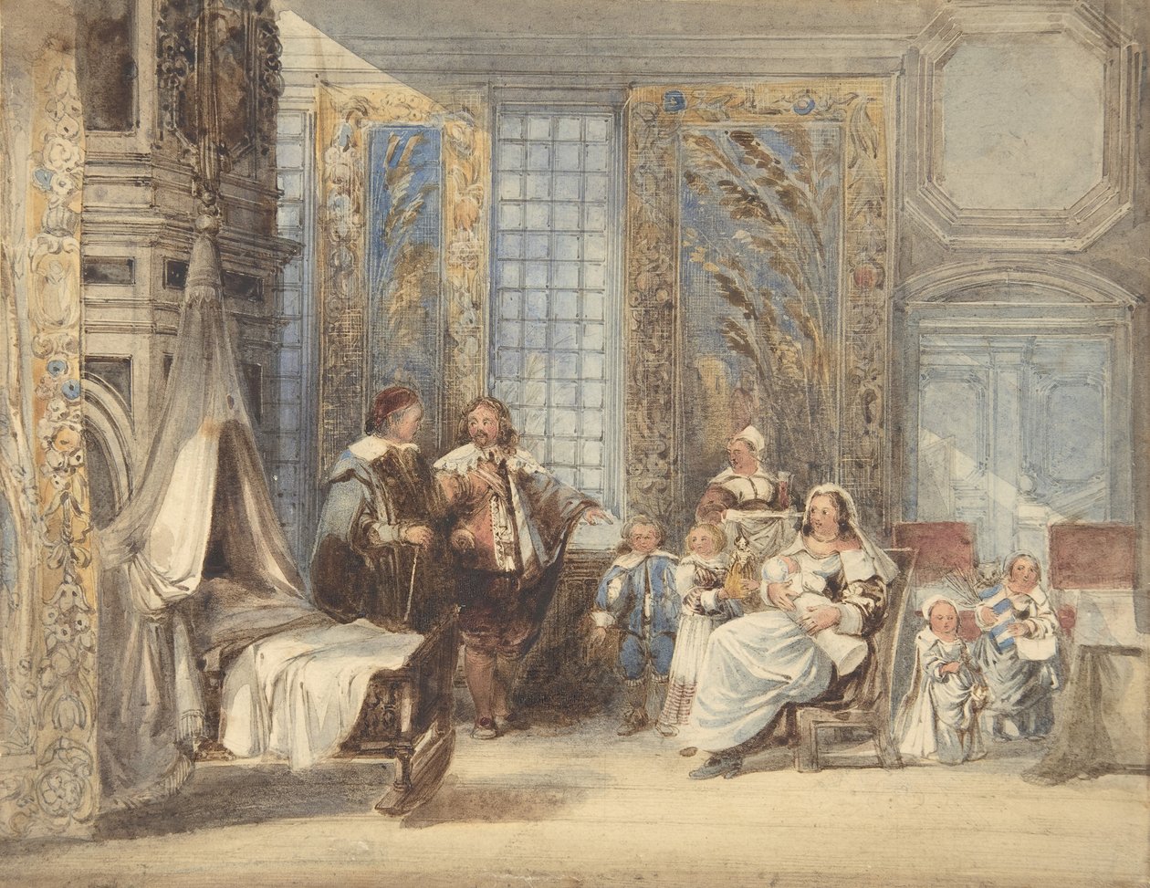 Scène met familie en gast in zeventiende-eeuws interieur, 1825-78 door Joseph Nash.