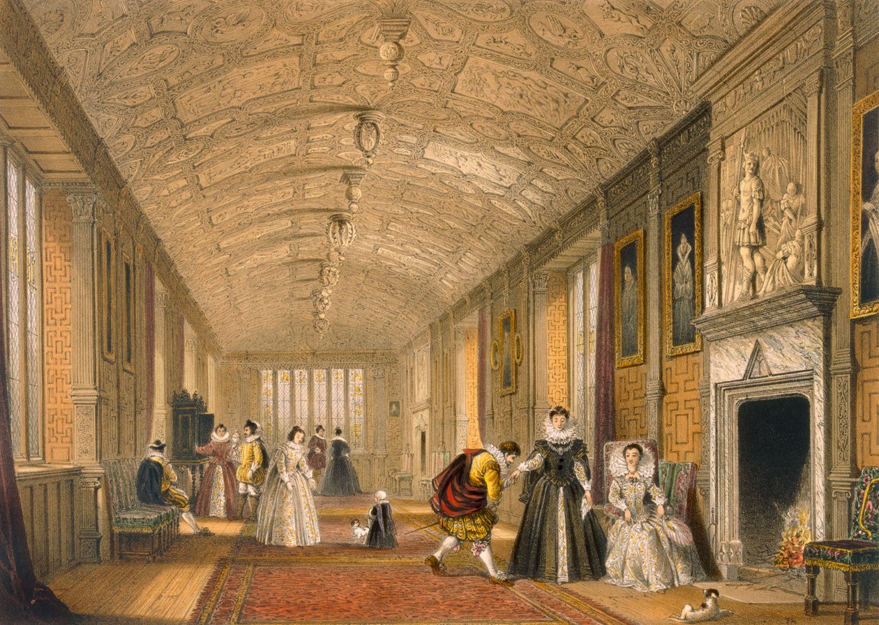 De Lange Galerij in Lanhydrock, Cornwall, 1600, uit Architectuur van de Middeleeuwen, gepubliceerd 1838 door Joseph Nash