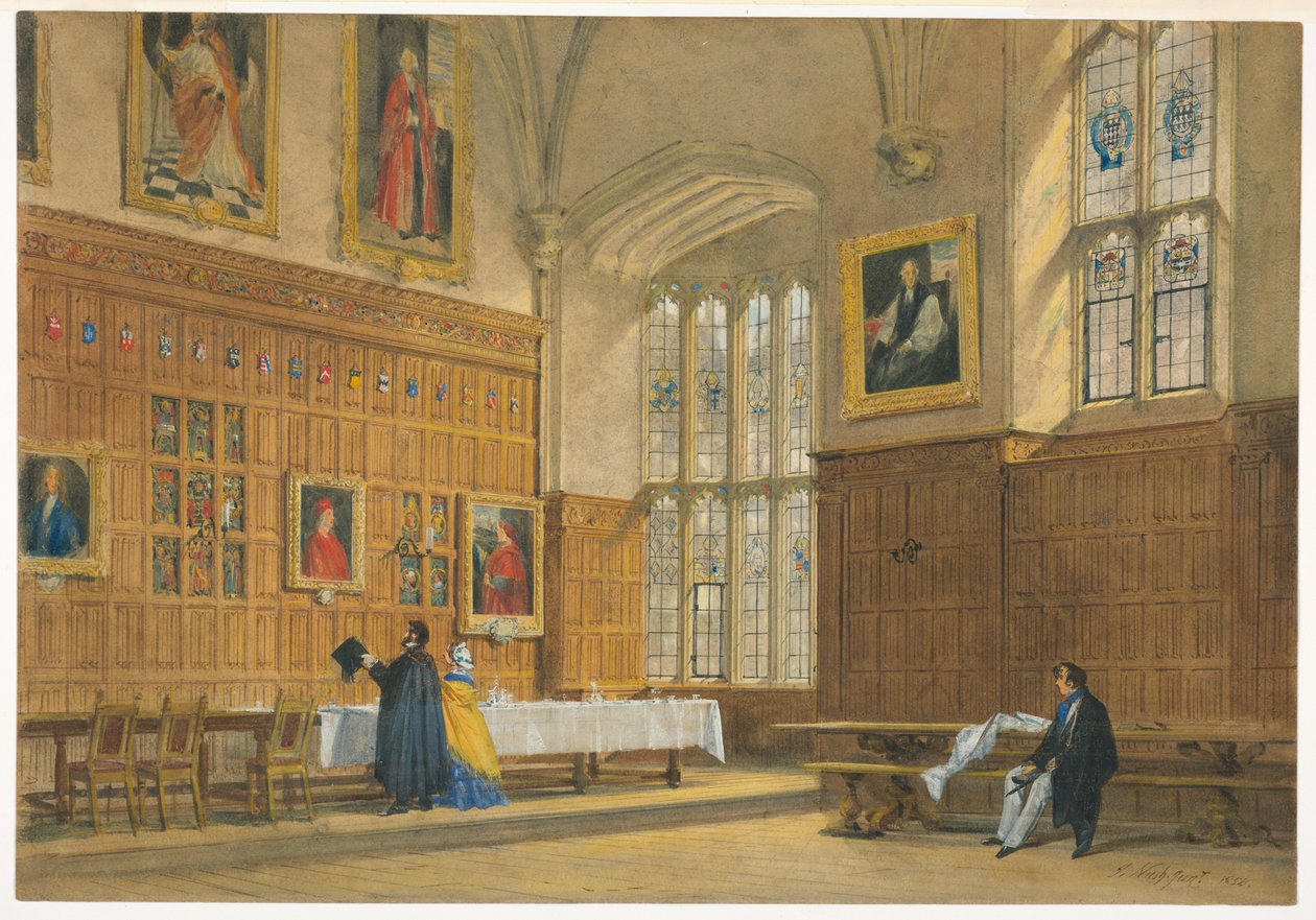 Tekening, Gezicht op de eetzaal in Magdalen College, Oxford, 1856 door Joseph Nash The Elder