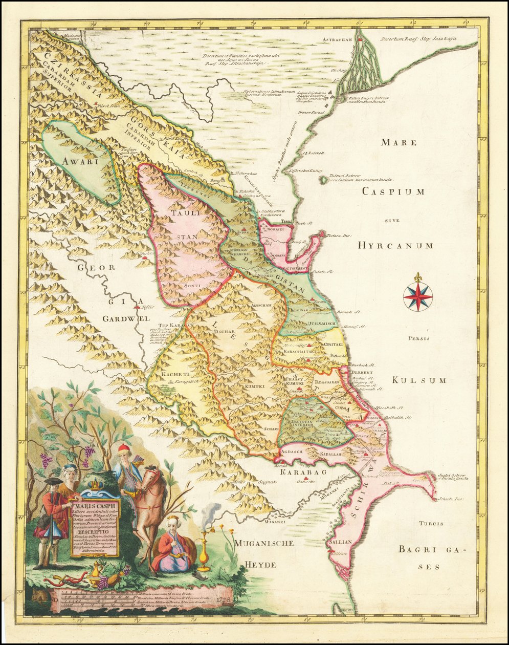 Kaart uit 1728 van de westelijke regio van de Kaspische Zee door Joseph Nicholas de L