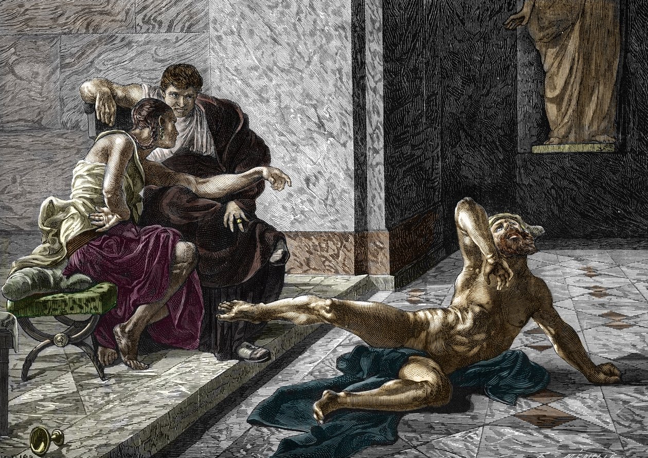 Voorstelling van de Romeinse vergiftiger Locusta die aan de zijde van keizer Nero (37-68) een gif probeert bedoeld voor zijn broer Britannicus (41-55) op een van zijn slaven, 55 Gravure naar een schilderij van Joseph-Noel Sylvestre (1847-1926) 1876 door Joseph Noel (after) Sylvestre