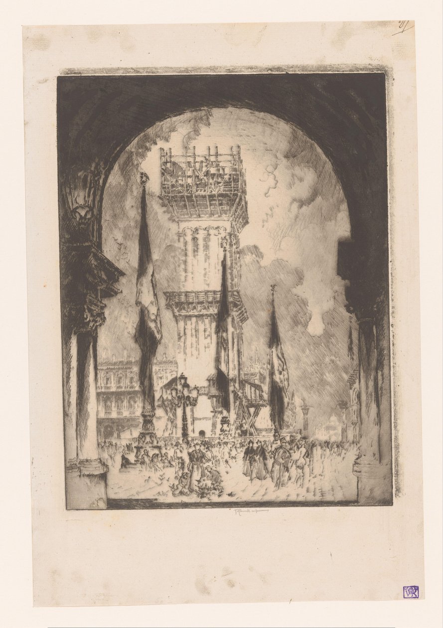 Campanile van Venetië in de steigers door Joseph Pennell (signed by artist)