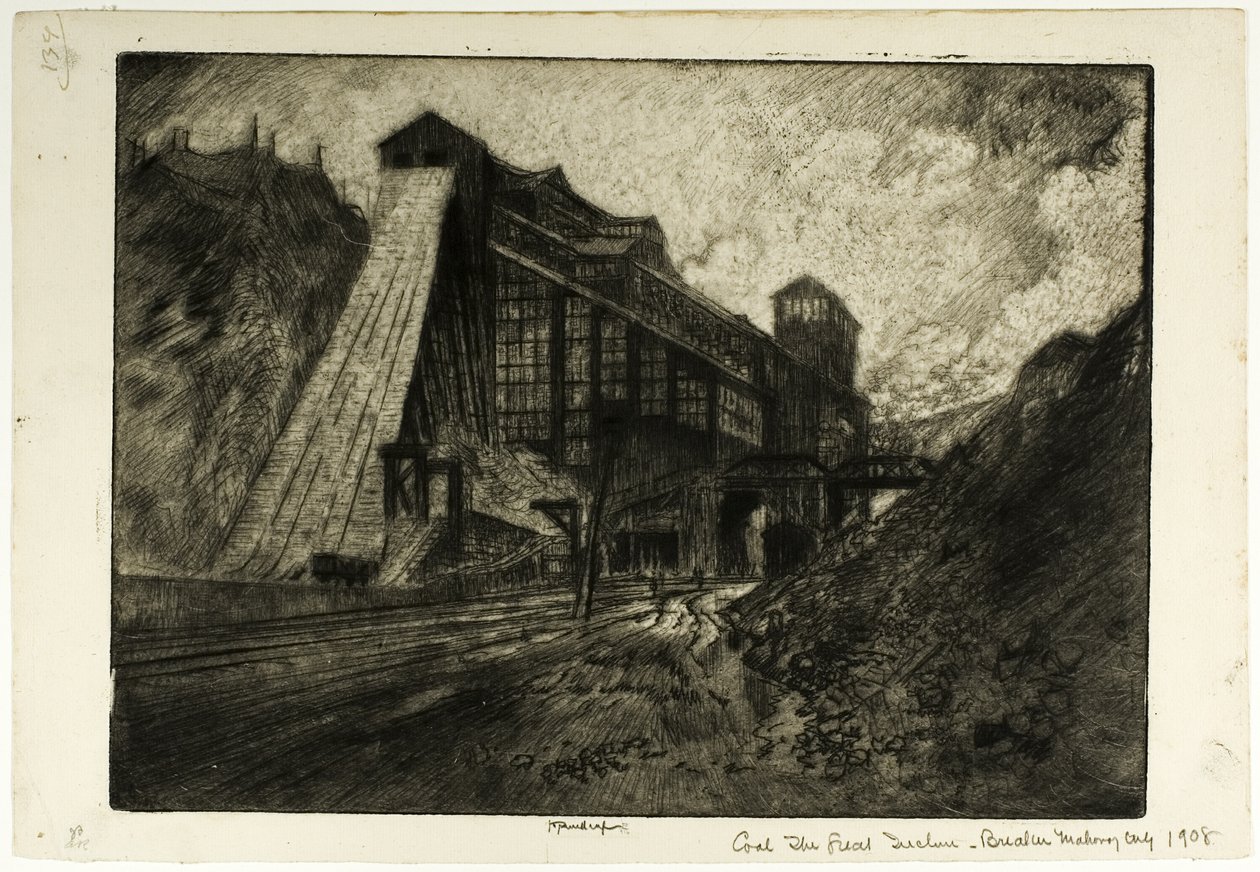 Steenkool—De Grote Hellingsbaan, Breker, Mahanoy City door Joseph Pennell