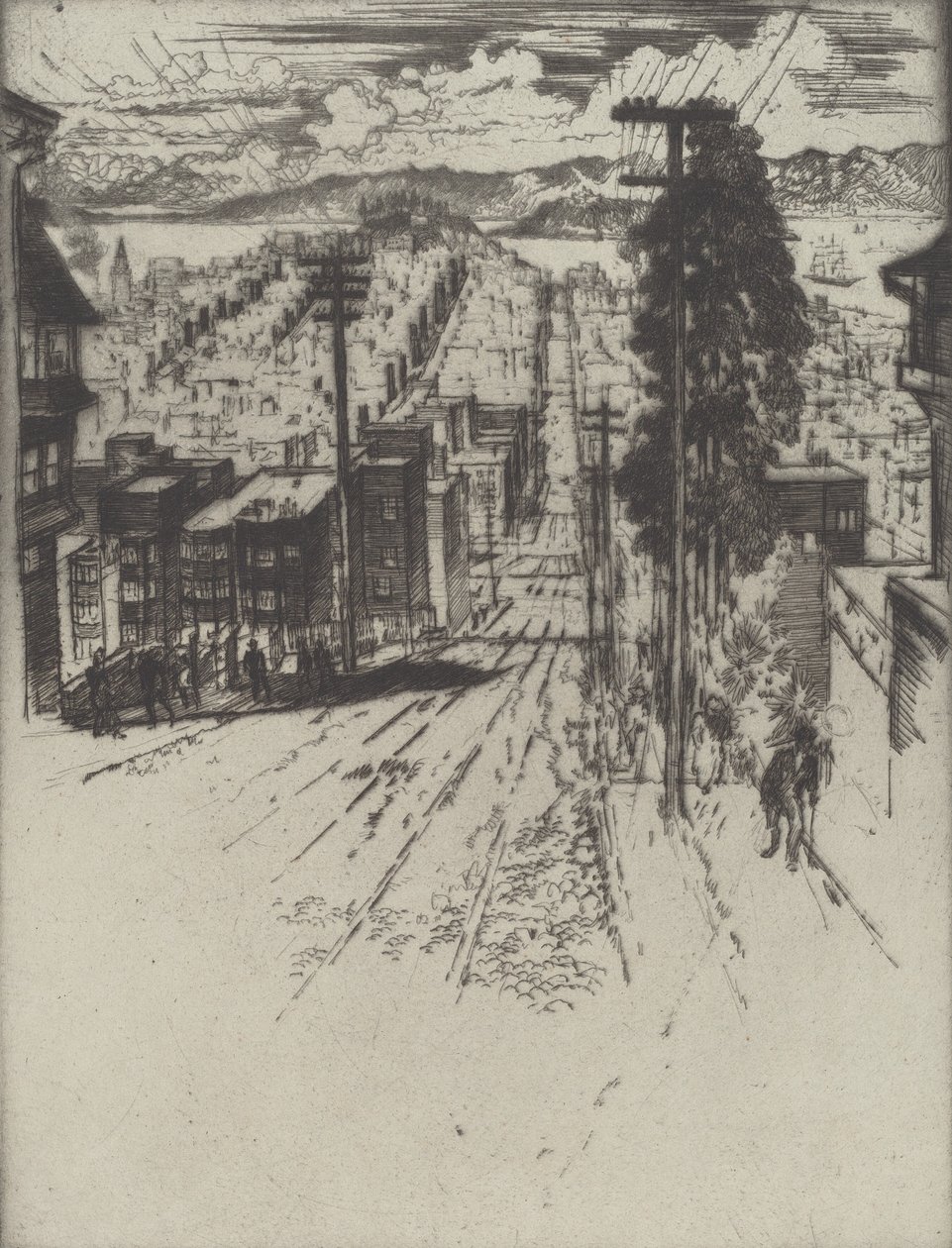 Heuvels op en af naar de baai, San Francisco, 1912 door Joseph Pennell