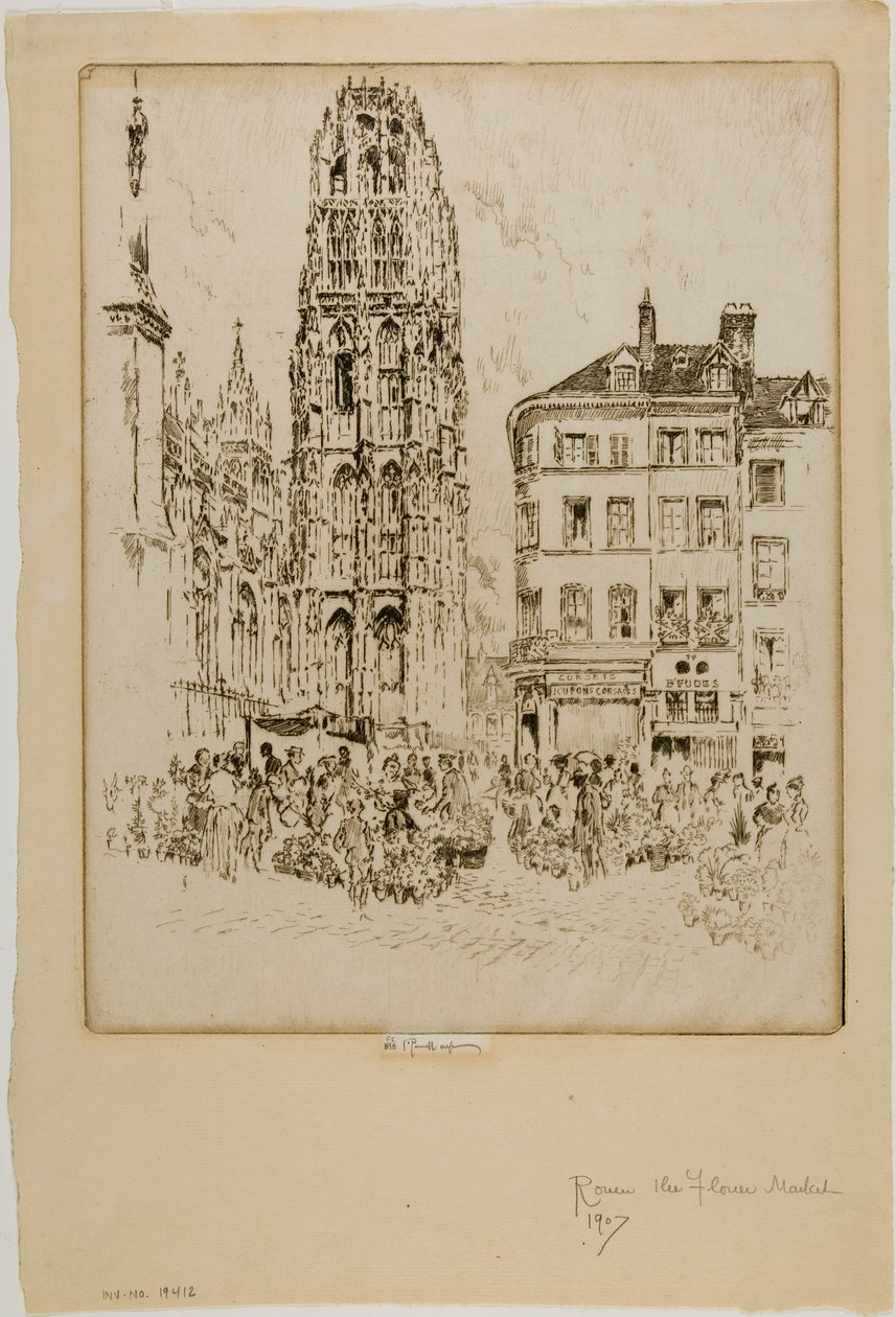 Bloemenmarkt en Boter Toren, Rouen door Joseph Pennell