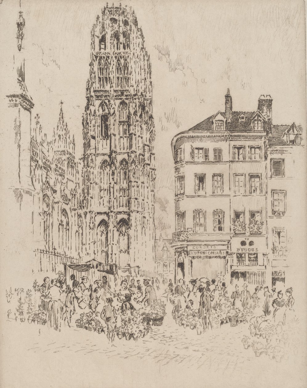 Bloemenmarkt en Boter Toren, Rouen, 1907 door Joseph Pennell