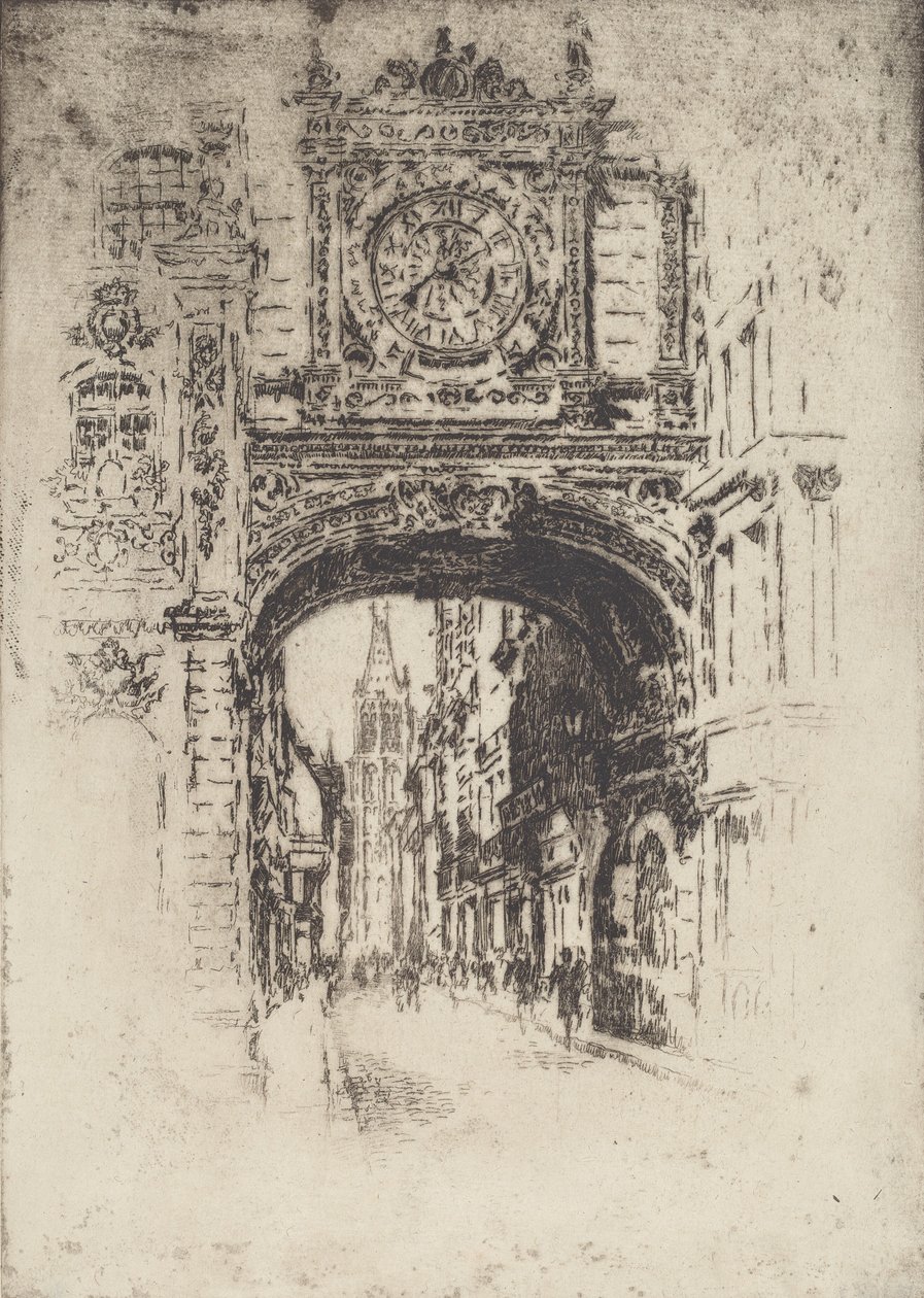 Grosse Horloge, Rouen, 1907 door Joseph Pennell