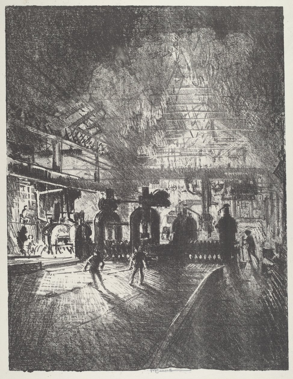 In de kaken van de dood, rollen van staven voor granaten, 1916 door Joseph Pennell