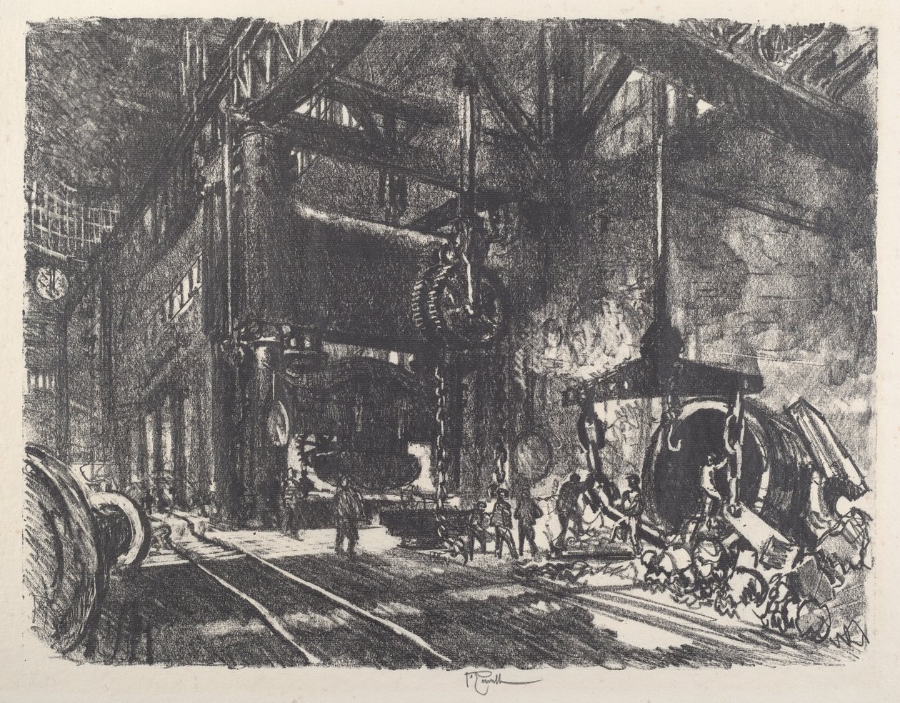 In het land van Brobdingnag, de pantserplaat buigpers, 1917 door Joseph Pennell