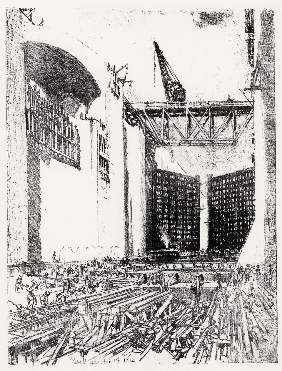 Het Leggen van de Vloer: Pedro Miguel Sluis, plaat XVIII uit Het Panamakanaal door Joseph Pennell, 14 februari 1912 door Joseph Pennell