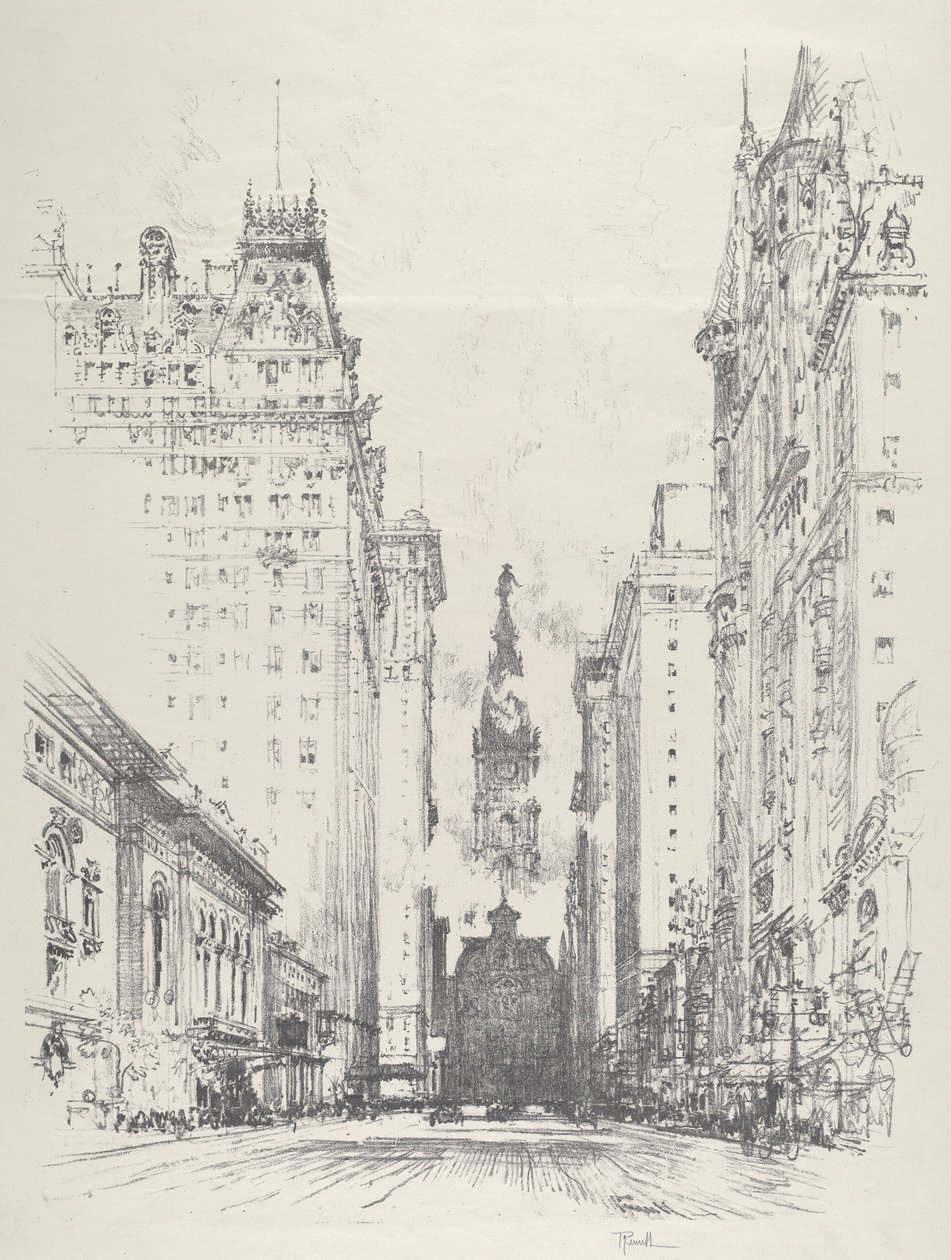 Zicht op Broad Street vanaf Spruce Street door Joseph Pennell