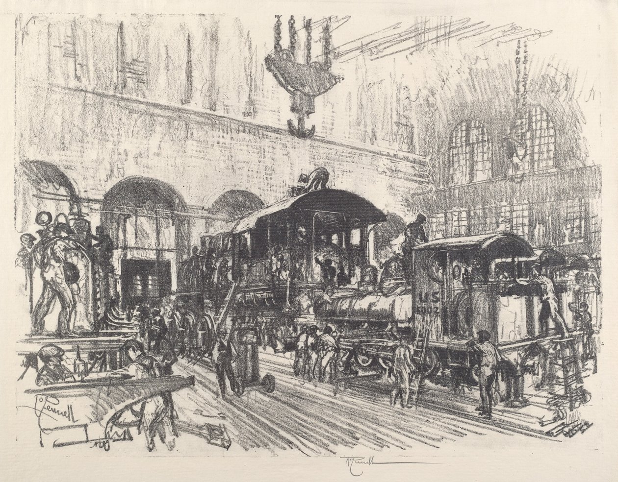 Oorlogslocomotieven Maken, 1917 door Joseph Pennell