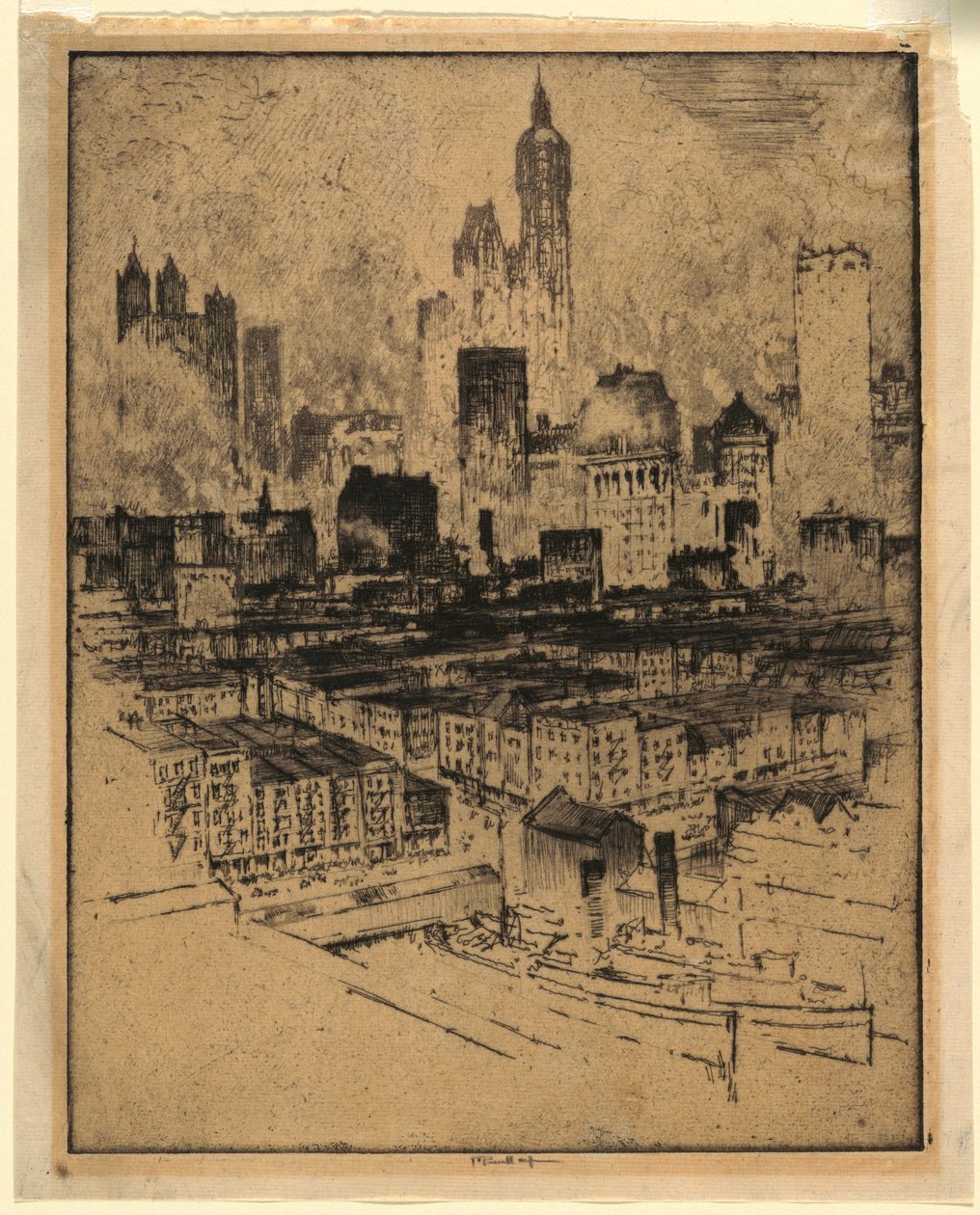 New York vanaf Brooklyn Bridge door Joseph Pennell