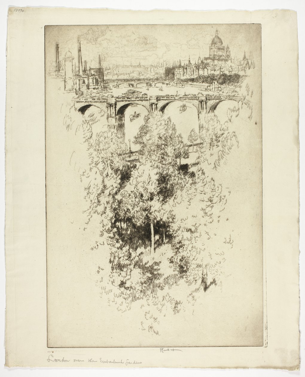 Over Waterloo Bridge, kerk en werk door Joseph Pennell