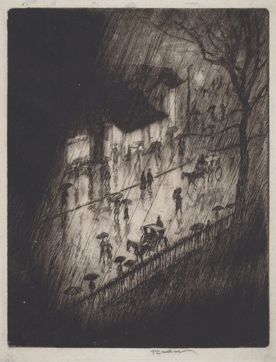 Regenachtige nacht, winkels bij Charing Cross door Joseph Pennell