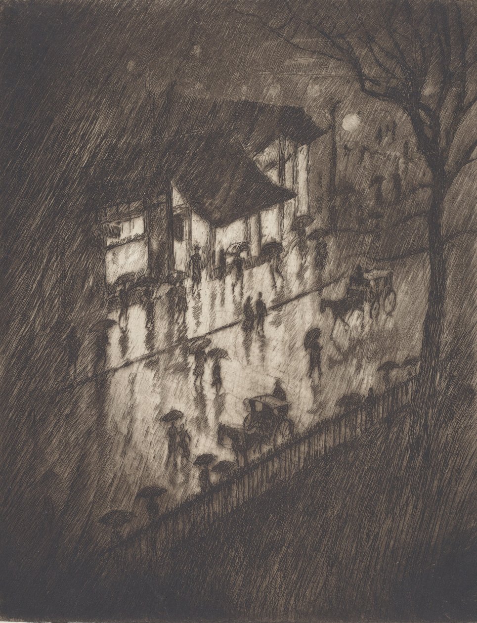 Regenachtige nacht, Charing Cross Shops, 1903 door Joseph Pennell