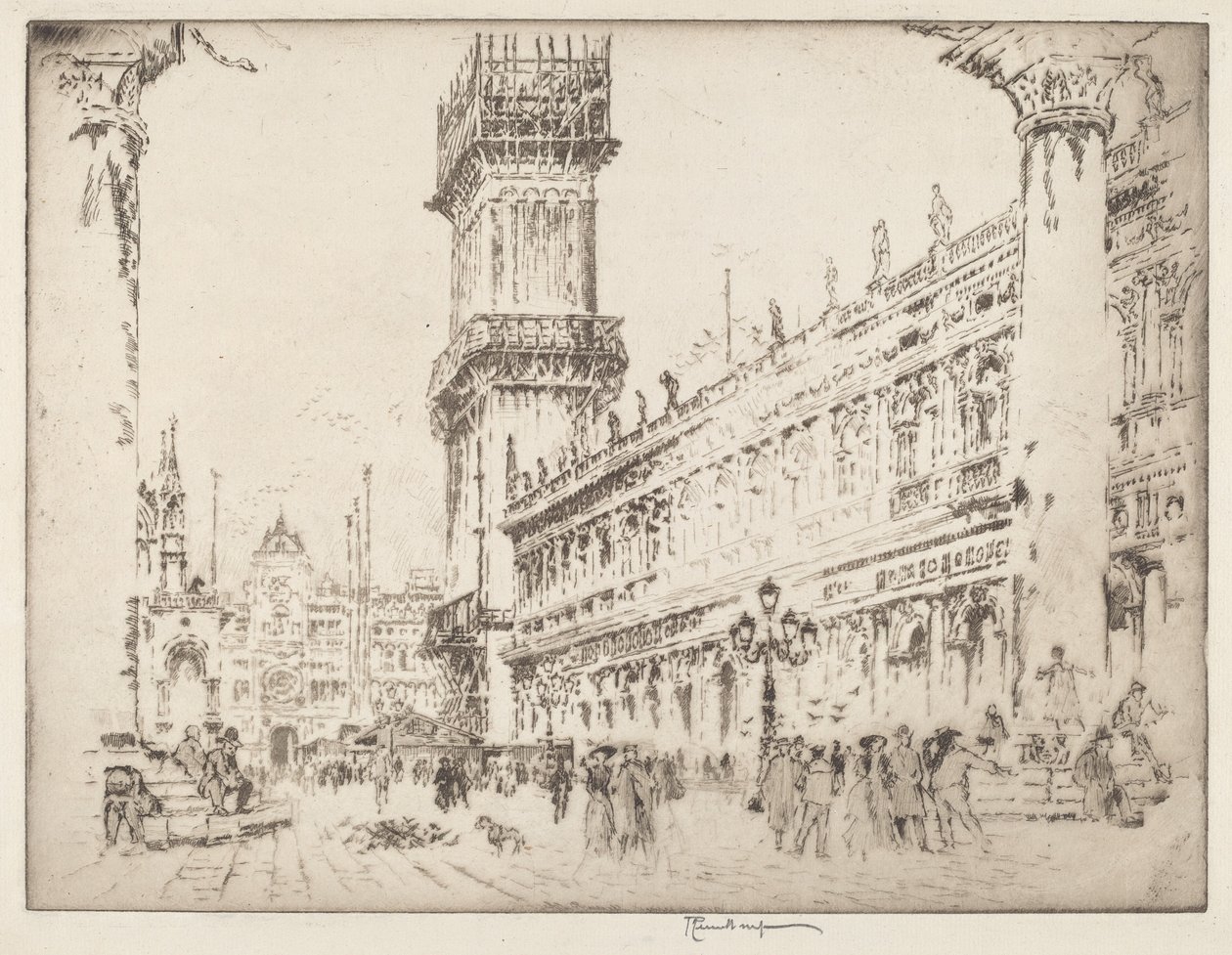 Herbouw van de Campanile, Venetië, No.II door Joseph Pennell