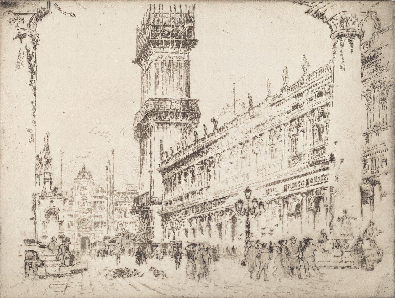 Herbouw van de Campanile, Venetië, No.II, 1911 door Joseph Pennell