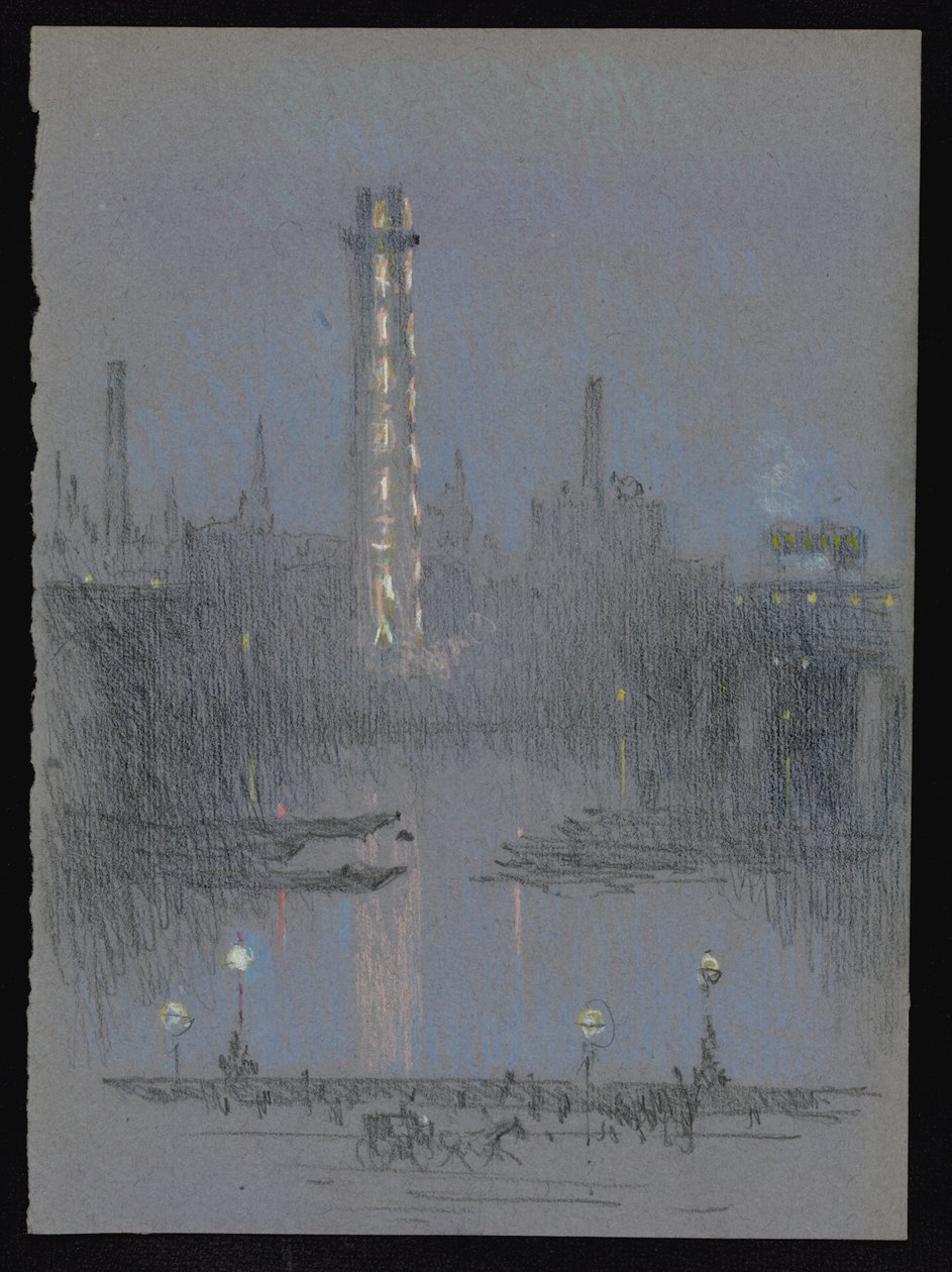 Shot Tower met nachtlichten, vanaf Embankment door Joseph Pennell