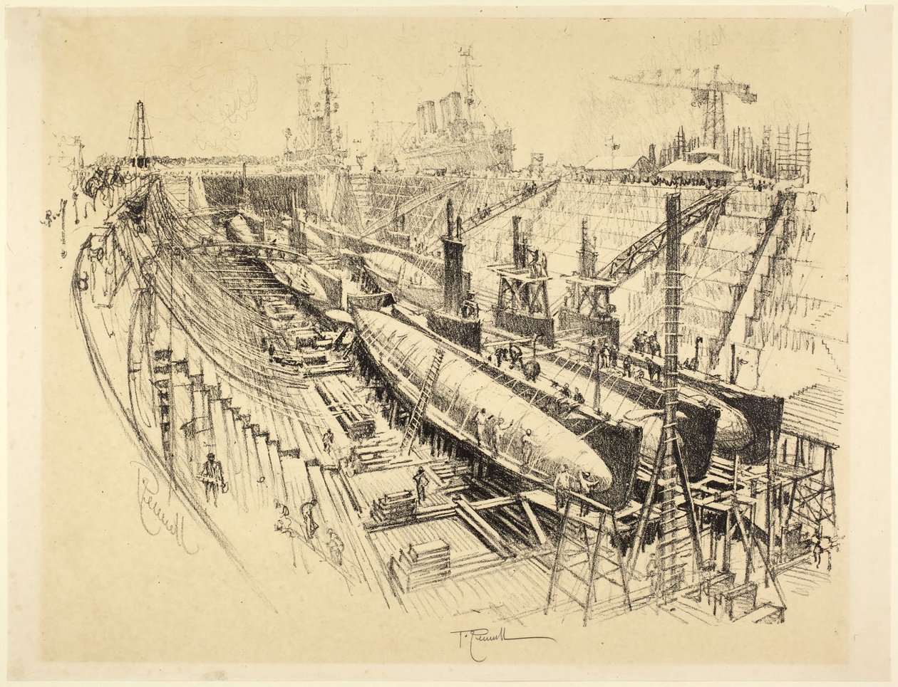Onderzeeërs in droogdok door Joseph Pennell