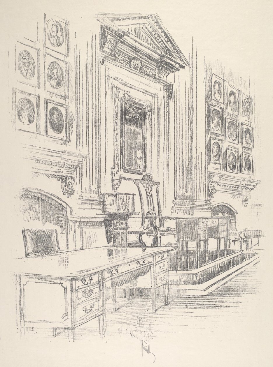 Tafel en stoel, ondertekenaarskamer, Independence Hall door Joseph Pennell