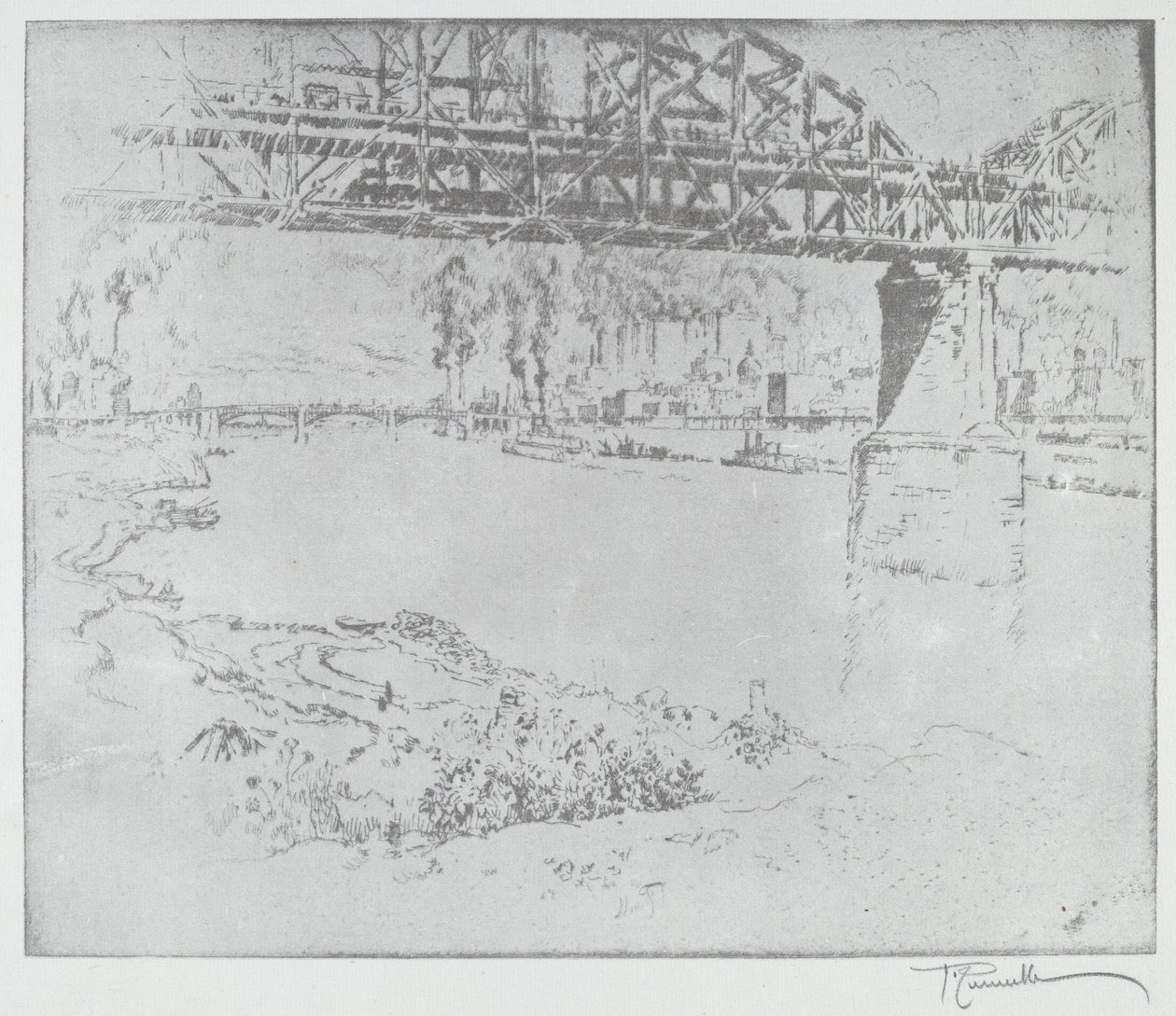 De stadsbrug, St. Louis [onder], in of na 1919 door Joseph Pennell