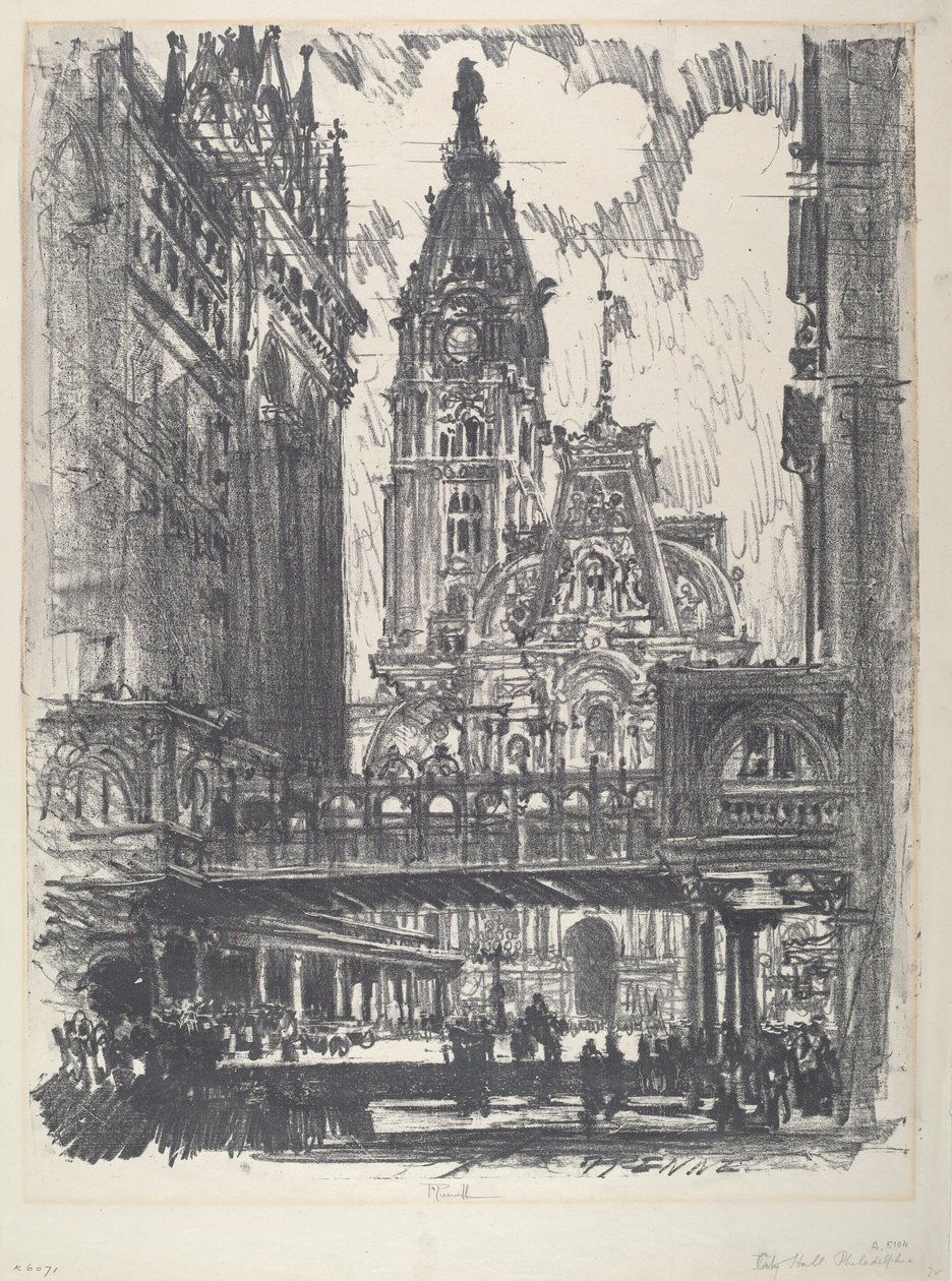 Het stadhuis en de brug over Market Street door Joseph Pennell
