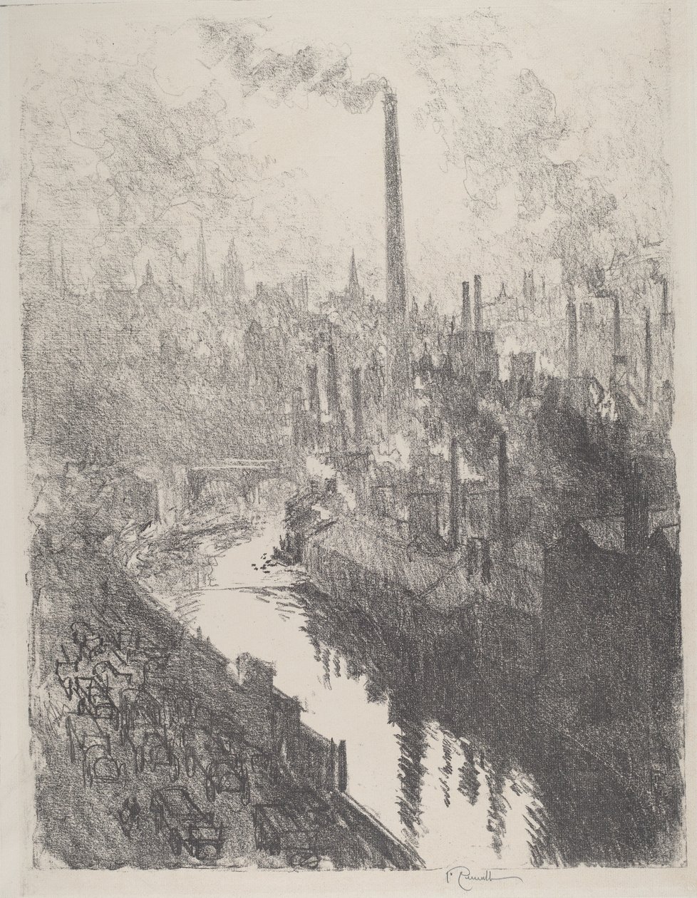 De grote schoorsteen, het motorpark, 1916 door Joseph Pennell