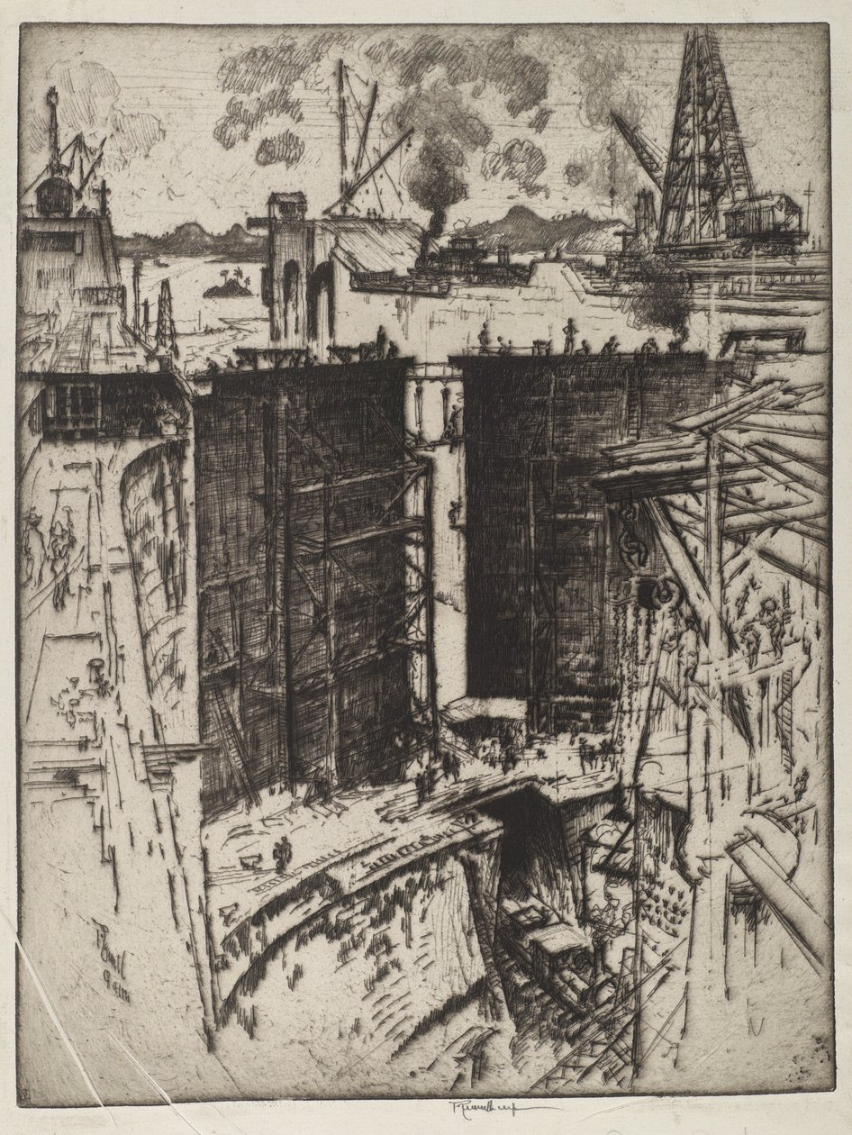 De sluispoort, Gatun Lock, Panama, 1912 door Joseph Pennell