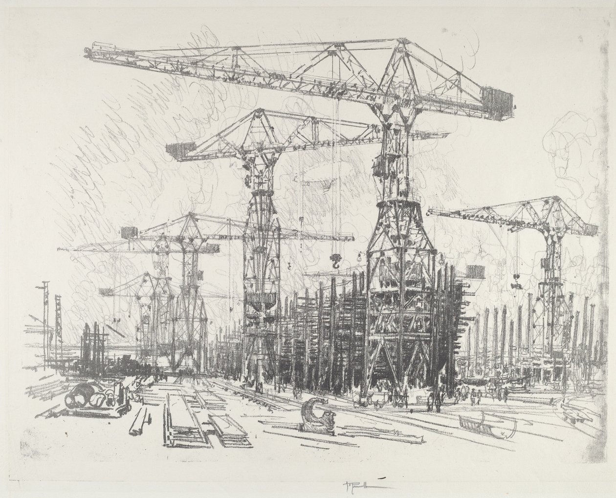 De oude scheepswerf door Joseph Pennell
