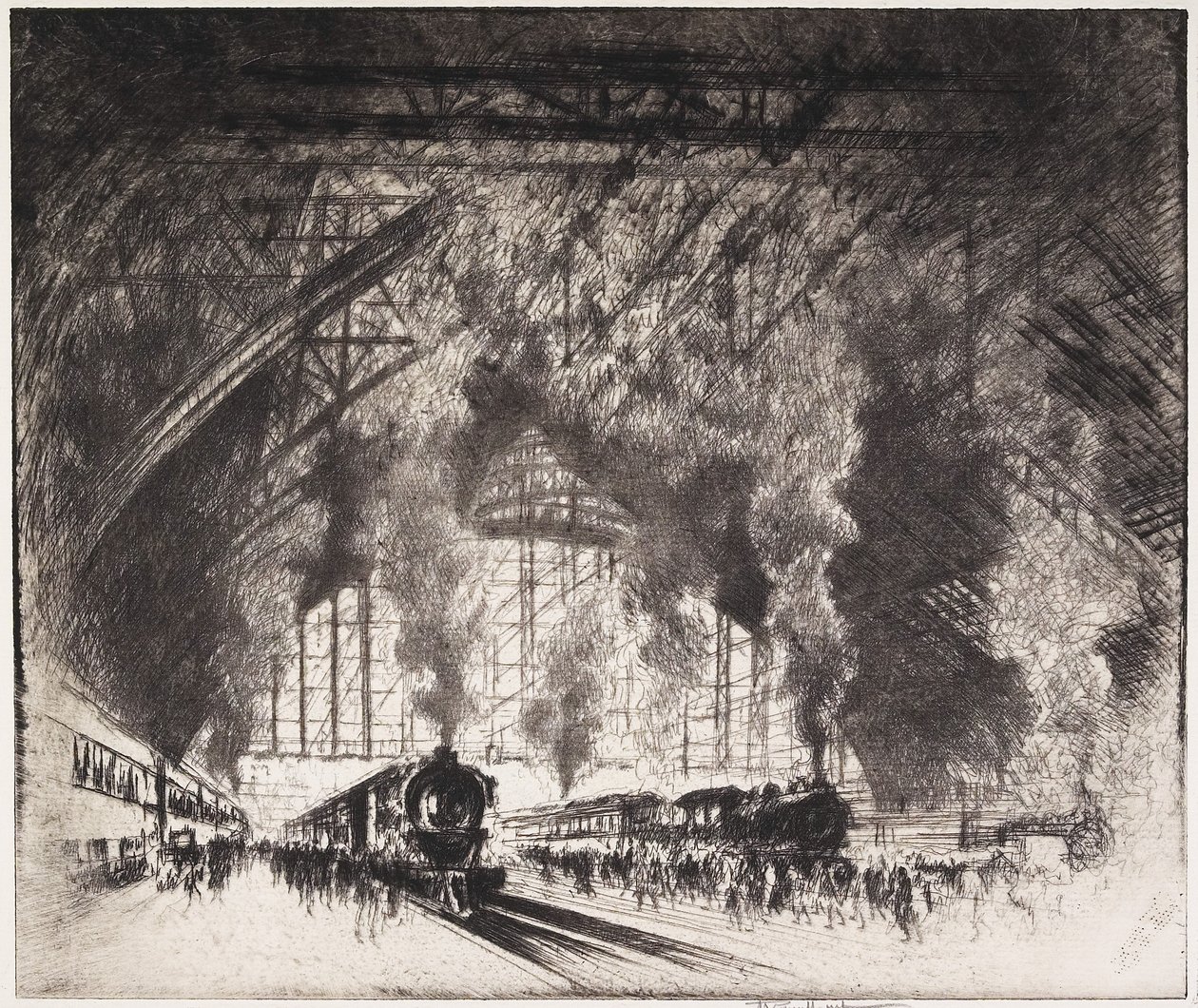 De treinen die komen, en de treinen die gaan, Pennsylvania Railroad, Philadelphia, 1919 door Joseph Pennell