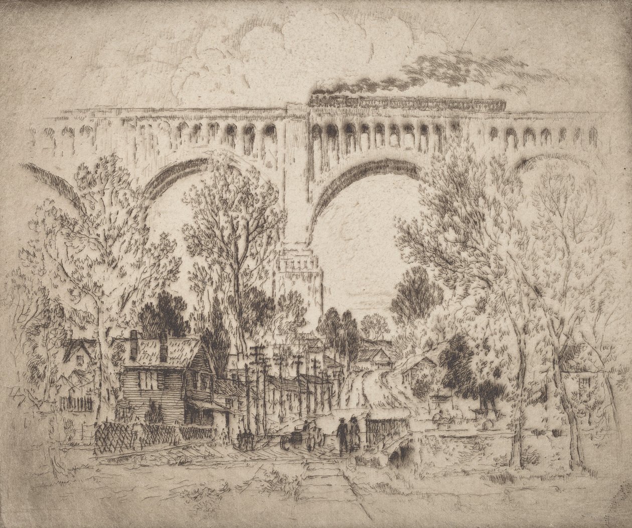 Het viaduct, D., L. & W. bij Nicholson, Pa., 1919 door Joseph Pennell