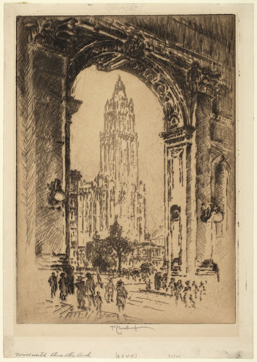 Het Woolworth Building door de boog door Joseph Pennell