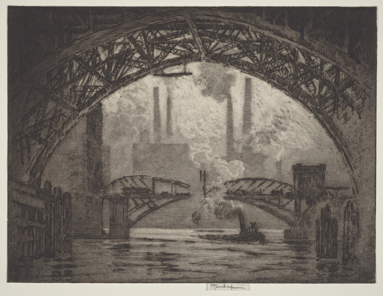 Onder de bruggen, Chicago door Joseph Pennell