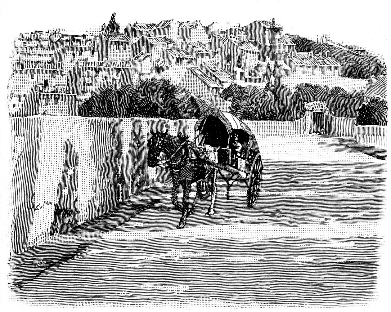 Dorp in het zuiden van Frankrijk met paard en wagen. Gravure door Joseph Pennell 1888 (detail) door Joseph Pennell
