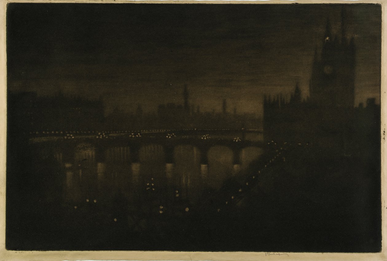 Westminster bij nacht - vanuit het raam van mijn atelier door Joseph Pennell